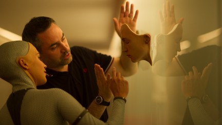 Alex Garland and Alicia Vikander on the set of Ex Machina